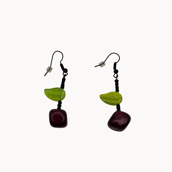 Fairy Cottage Whimsy Goth Romantic Cherry Beaded Dangle Drop Red/Green Earrings - Picture 1 of 7